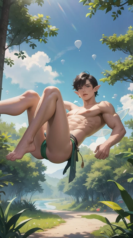 masterpiece, best quality, 1 naked muscular boy, falling from the sky, clouds, balloons, full body shot, looking at the camera,perfect eyes,high detailed,uhd 8k,ultra realistic,photorealistic, yellow and green holographic colors, futuristic, cartoon rendering, cinematic shot, best quality, masterpiece, realistic, 1boy, handsome young looking babyface, elven ears, instagram model, fairy wings, topless, (loincloth underwear:1.1), puffy nipples, torso shot, short hair spiked black hair, forest background, fantastical, overgrown trees and plants, 