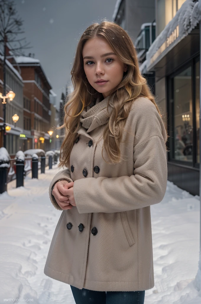professional portrait photograph of a gorgeous Norwegian girl in winter clothing with long wavy blonde hair, sultry flirty look, gorgeous symmetrical face, cute natural makeup, wearing elegant warm winter fashion clothing, ((standing outside in snowy city street)), stunning modern urban environment, ultra realistic, concept art, elegant, highly detailed, intricate, sharp focus, depth of field, f/1. 8, 85mm, medium shot, mid shot, (((professionally color graded))), bright soft diffused light, (volumetric fog), trending on instagram, hdr 4k, 8k