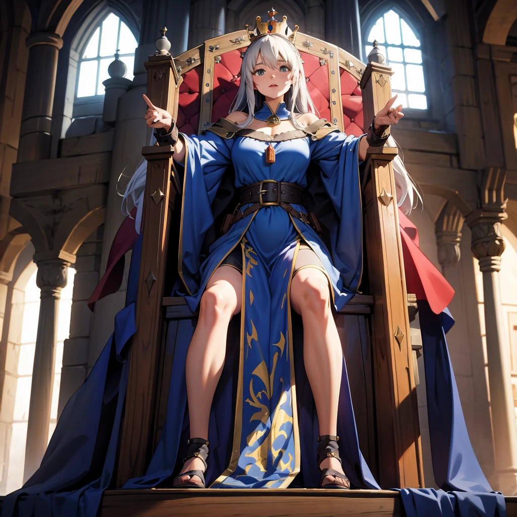 1girl, marcilledonato, elf, blonde hair, green eyes, white pupils, blue capelet, twin braids, sandals, blue robe, ponytail, sitting, crossed legs, throne, looking down, from bottom, looking at viewer, masterpiece, best quality, femdom, sadism, trampling, stepped on, penis, testicles, sandals crushing penis, footjob, cum on feet, nsfw, uncensored 