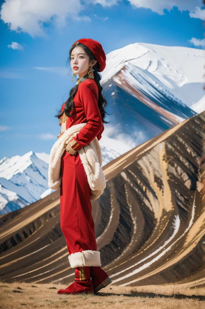 (masterpiece, best quality:1.2),red Tibetan clothing,1 Tibetan girl, blue sky, cloud, cloudy sky, day, earrings,Plush hat, horizon,Tibetan Earrings,jewelry,necklace, lips,snow mountain, outdoors, parted lips, red lips, solo,flat chest,full body,slender legs,boots,standing,arms behind back,from front