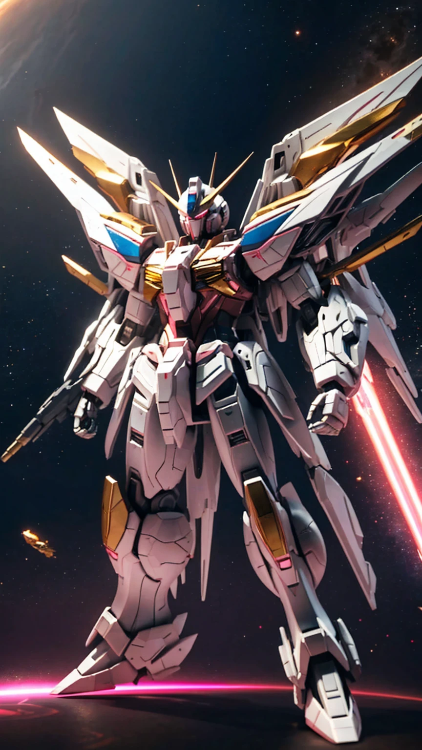 universe space、Pink light effect、Strike Freedom、front、universe spaceに浮いている、The round gold particles surround the aircraft.、Rifle in right hand、Beam saber in left hand