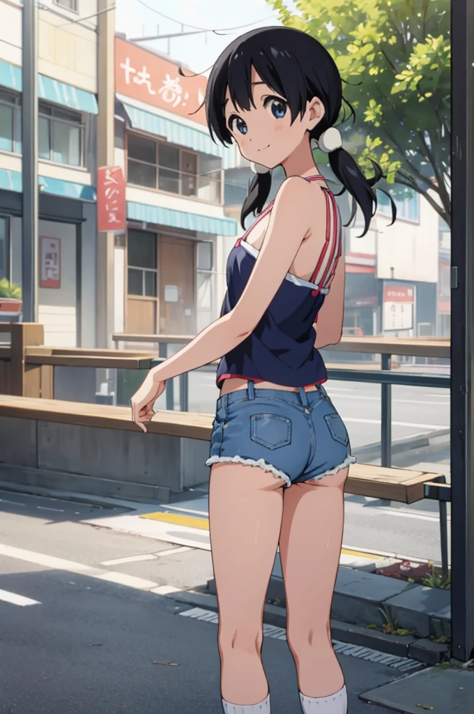  solo, 1girl, tamako kitashirakawa, , looking at viewer, smile, ,,outdoor,socks,camisole,denim shorts,ass,from back,(nsfw:1.2)