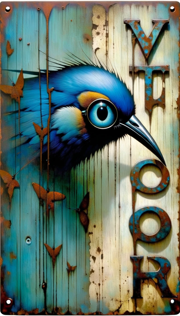 metal sign with rusty blue metal letters, welded letters, screwed letters, gloomy eyes come out from behind the sheet, blue bird in scene ((text in letters: "VICTOR"))Artwork inspired by Dave Mckean, intricate details, oil painted
