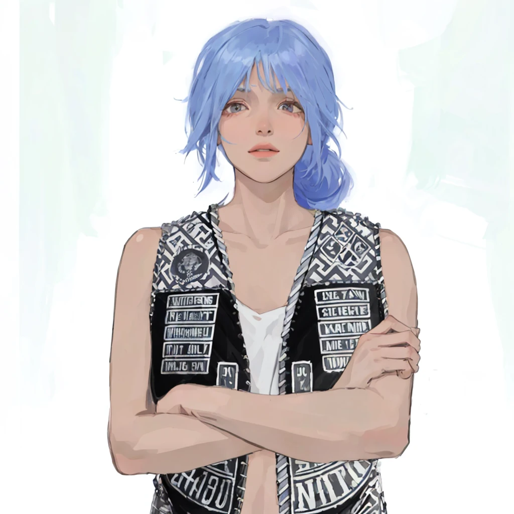 (masterpiece:1.2, best quality), (1girl, solo, upper body:1.2),flat face,Hair: buzz cut, Clothing: oversized, distressed denim jacket with patches and pins, paired with black skinny jeans and combat boots, Hanging out in an underground music venue or street art exhibit