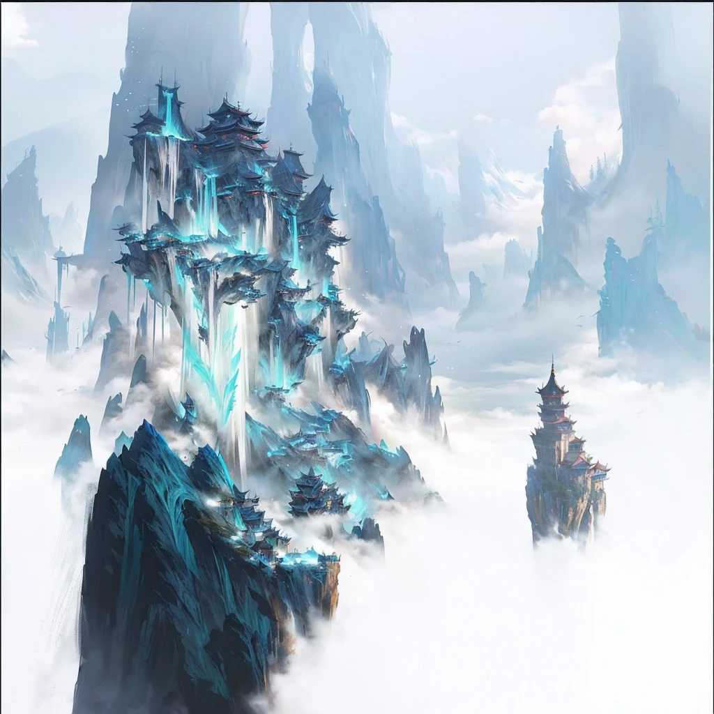 Buildings in the mountains,Surrounded by mountains,Sea of Clouds, Onmyoji detailed art, g liulian art style, feng zhu Concept Art, beautiful Concept Art, Avatar Landscape, Concept Art. Epic Landscapes, A beautiful artistic illustration, high quality digital Concept Art, dota matte painting Concept Art, high resolution Concept Art, stunning Concept Art