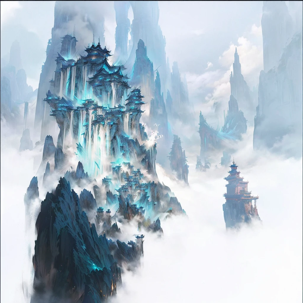 Buildings in the mountains,Surrounded by mountains,Sea of Clouds, Onmyoji detailed art, g liulian art style, feng zhu Concept Art, beautiful Concept Art, Avatar Landscape, Concept Art. Epic Landscapes, A beautiful artistic illustration, high quality digital Concept Art, dota matte painting Concept Art, high resolution Concept Art, stunning Concept Art