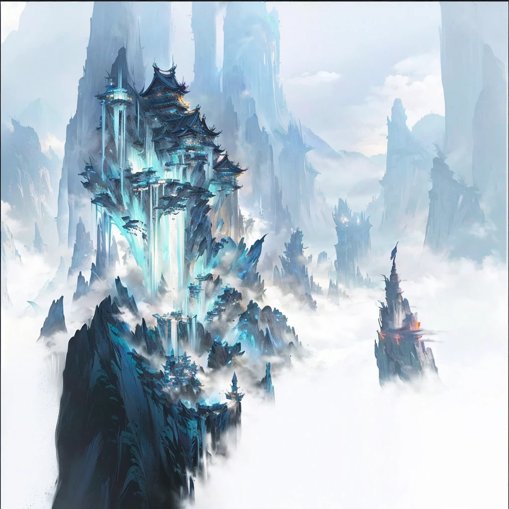 Buildings in the mountains,Surrounded by mountains,Sea of Clouds, Onmyoji detailed art, g liulian art style, feng zhu Concept Art, beautiful Concept Art, Avatar Landscape, Concept Art. Epic Landscapes, A beautiful artistic illustration, high quality digital Concept Art, dota matte painting Concept Art, high resolution Concept Art, stunning Concept Art