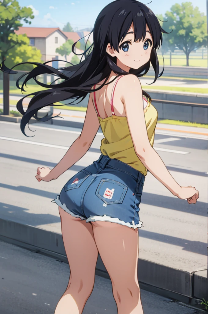  solo, 1girl, tamako kitashirakawa, , looking at viewer, smile, ,,outdoor,socks,camisole,denim shorts,((ass)),from back