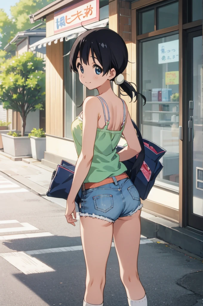  solo, 1girl, tamako kitashirakawa, , looking at viewer, smile, ,,outdoor,socks,camisole,denim shorts,((ass)),from back