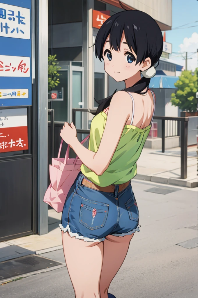  solo, 1girl, tamako kitashirakawa, , looking at viewer, smile, ,,outdoor,socks,camisole,denim shorts,((ass)),from back