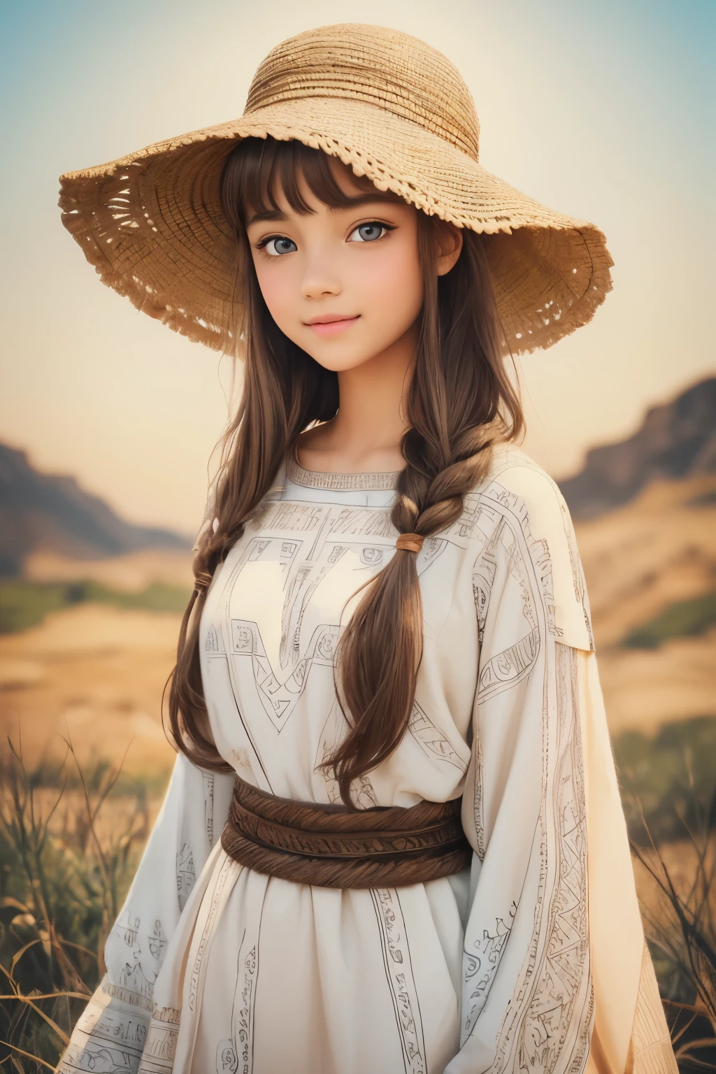 Beautiful and cute girl from an ancient civilization.
Beautiful eyes. With catchlight.
Smiling face, minimal summer outfit, earth-toned clothes, natural-colored little hat, casual hairstyle, bluish-grey eyes, slightly brown skin.
Standing in a primitive landscape.
4-color illustration with light and dark tones. Printed with old printing methods on textured traditional paper.