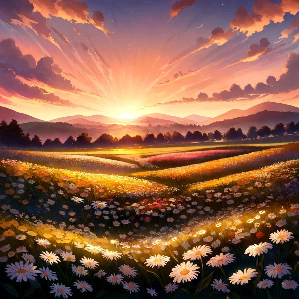 a painting of a field of daisies with the sun setting in the background, floral sunset, field of flowers at night, an aesthetic field of flowers, field of flowers, field of flowers, very detailed feel, by justin gerard, in a field of flowers, SUNSET ILLUSTRATION, field of flowers de fantasia, the bright dawn in the meadow, 2 0 2 1 award winning painting