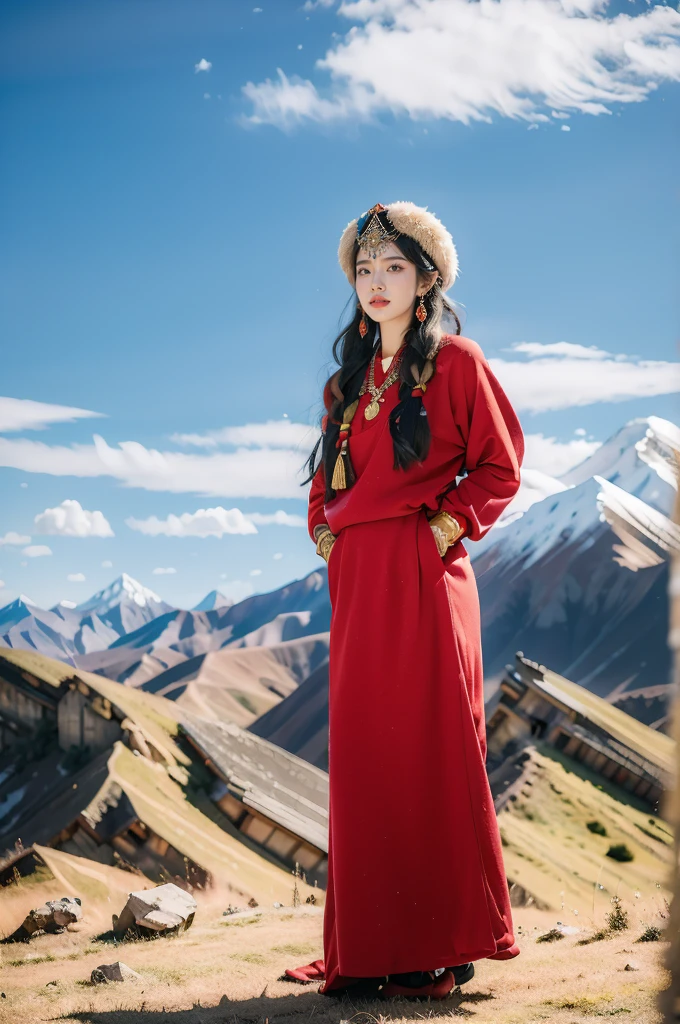 (masterpiece, best quality:1.2),red Tibetan clothing,1 Tibetan girl, blue sky, cloud, cloudy sky, day, earrings,Plush hat, horizon,Tibetan Earrings,jewelry,necklace, lips,snow mountain, outdoors, parted lips, red lips, solo,flat chest,upper body,standing,arms behind back