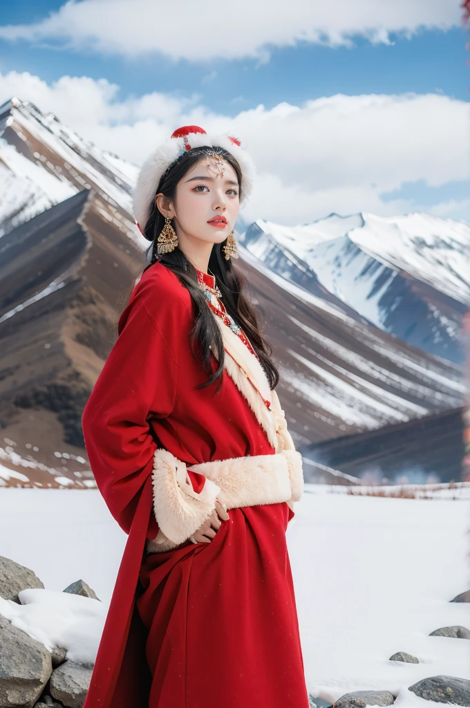 (masterpiece, best quality:1.2),red Tibetan clothing,1 Tibetan girl, blue sky, cloud, cloudy sky, day, earrings,Plush hat, horizon,Tibetan Earrings,jewelry,necklace, lips,snow mountain, outdoors, parted lips, red lips, solo,flat chest,upper body,standing,arms behind back