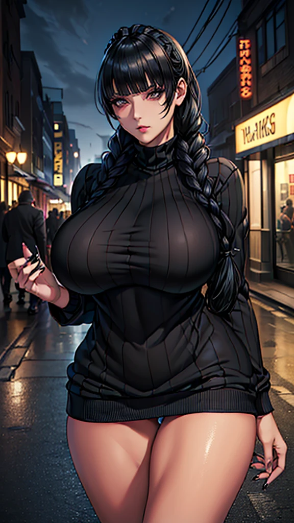 (in 16K、A high resolution、Best Quality、 masuter piece、unreal engine、amine、top-quality、From the thighs up:1.2),(Natural Skin Texture、Detailed skin、Beautiful skin、ultra sharpness),intricate detailes、Extraordinary beauty,(((gigantic breasts,voluptuous body、1 cute woman,20 to 25 years old,adult lady,Roberta from BLACK LAGOON,Black nails,))),(an extremely cute and beautiful face:1.2),(((big eyes,sharp eyes,eye bags,eyelash extension,pale skin,black hair,blunt bangs,bottomless))),(独奏,two-plaits,empty eyes,Expressionless,Tempting,darkness,Dark atmosphere:1.6),(virgin killer sweater:1.4),(Are standing,Late Night,bustling street,Passersby,dim:1.5),