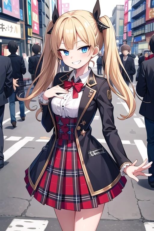 Very detailed, Absurd, Ultra-high resolution, Super detailed, Highest quality,
One girl, alone, Nice hands, Perfect hands,
Break Lanky,Gothic Dress,Nylon clothing,Denim dress,Saddle Jacket,Red tartan check pleated skirt BREAK
(Grin, Wicked Smile:1.2), Open your mouth, Blake Slender Standing, cute, Perfectly symmetrical face, 超cute girl, 超cute face, Very detailed目, Super detailedな髪, 超cute, Super beautiful,
Break in Harajuku, Shibuya Ward, Tokyo, street, crowd, Cityscape,
Blake Medium Large Bust,
Blonde, blue eyes, Twin tails