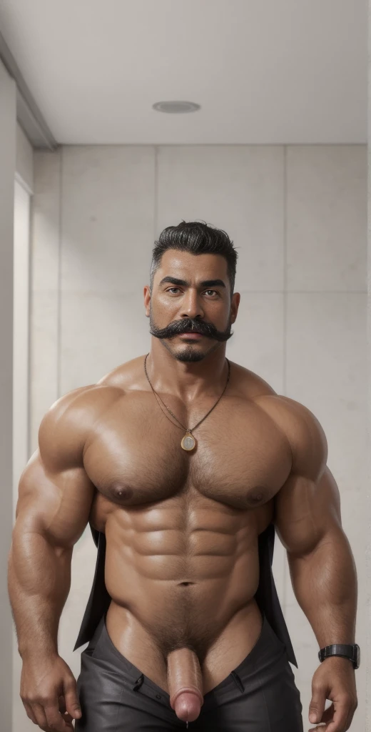 1boy, indian, solo, facial hair,34 yrs old, dom, male focus, flaccid penis, bald head, pectorals, bara, muscular, BundeswehrAlpha, signature mustache, mature male, muscular male, abs, beard, short hair, navel,thick eyebrows, dark-skinned male, erection, thighs, erection under clothes, fancy suit, dark skin, tie, tight shirt, tight pants, tie, open jacket, grey business suit, cowboy shot, cop agent uniform, feet out of frame, thick thighs, looking at viewer, masterpiece, 4k, high quality, highres, absurdres,