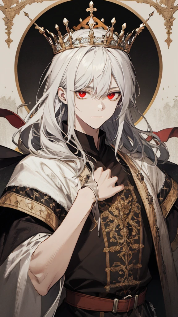 (extreamly delicate and beautiful:1.2), 8K,(шедевр:1.0),(best_quality:1.0), 1boy, and intricate detailing, Enlarged textures, and intricate detailing, finely eye and detailed face, and intricate detailing, black medieval outfit, ruinscape background, (closed mouths),long white hair with crown, Perfect eyes, red eyes, Equal eyes, (A male god)