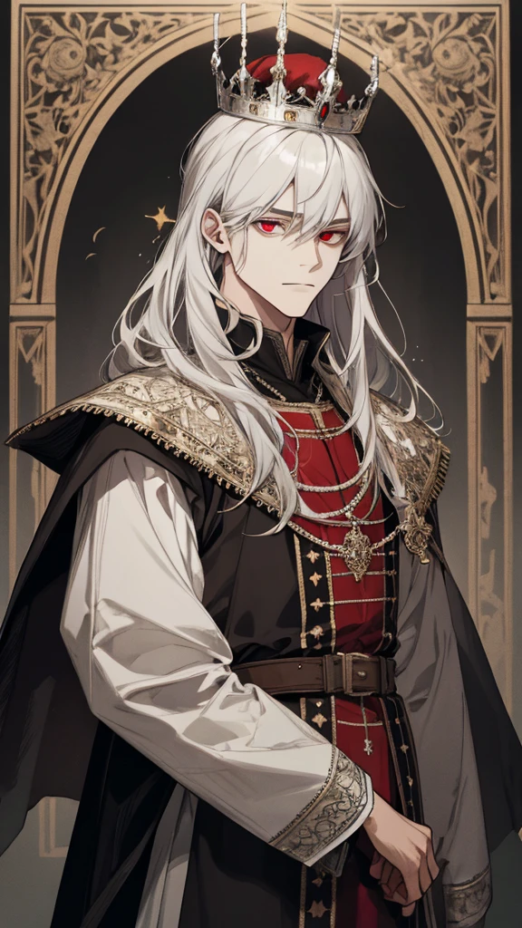 (extreamly delicate and beautiful:1.2), 8K,(шедевр:1.0),(best_quality:1.0), 1boy, and intricate detailing, Enlarged textures, and intricate detailing, finely eye and detailed face, and intricate detailing, black medieval outfit, ruinscape background, (closed mouths),long white hair with crown, Perfect eyes, red eyes, Equal eyes, (A male god)