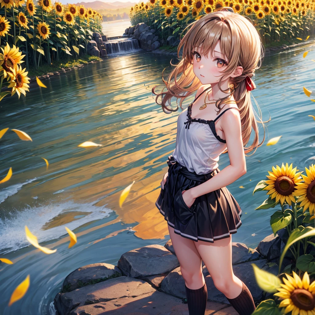 Red, brown, gold, gold hair、Golden Eyes、Hair tied up、One good looking girl、solo、anime、Checkered mini skirt、Ruffles on the skirt、camisole、camisole、Lightweight cardigan、Black knee-high socks、Wearing a baseball cap、Ribbon、Ribbon on waist、Teeth are visible、Sunset sky、Cumulonimbus、Silver coin necklace、shine、From above、Sparks are flying、tunnel、Cobblestones、Hands in pockets、waterfall、Clear Stream、Sunflower field、Have sunflowers、Midnight Moon