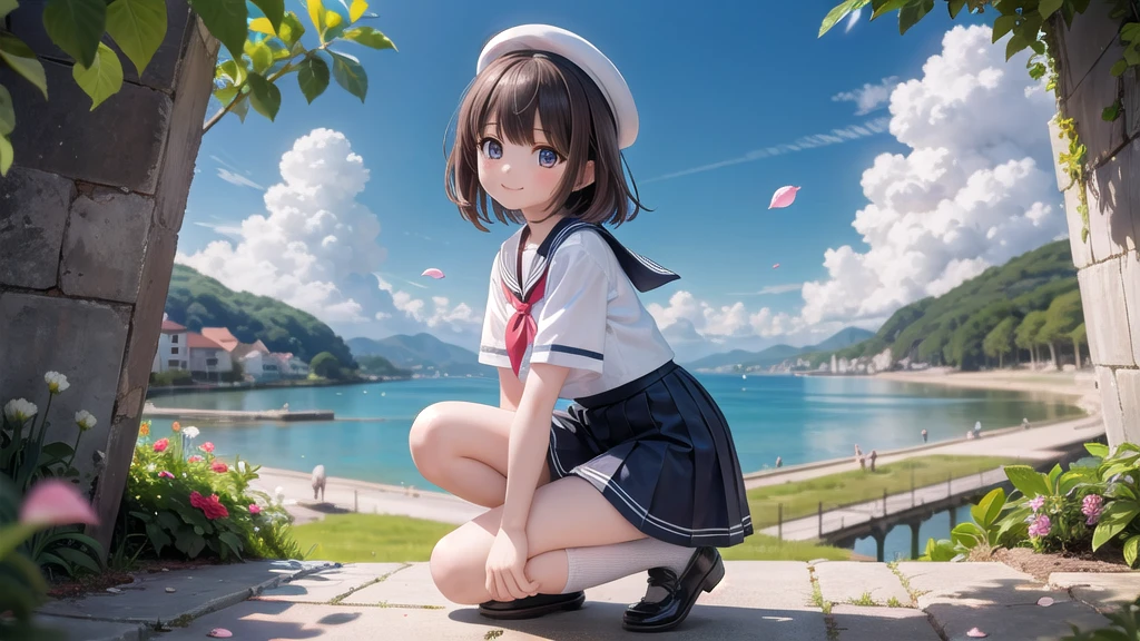 (masterpiece), town, blue sky, One girl, smile, alone, Sailor suit、Below-the-knee skirt, Overgrown, petal, plant、Skirt lining、Translucent slip