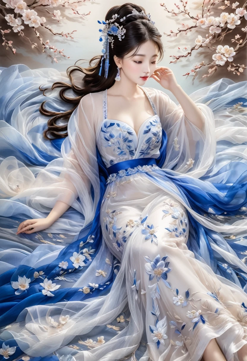 embroidery，Three-dimensional embroidery，(A picture of blue ornate Suzhou embroidery hangs on the wall）,blue-white petals, Silk material embroidery, Inspired by Yao Jianping’s dream of Su embroidery works，translucent，abundant cleavage,painting on silk, alcohol ink art