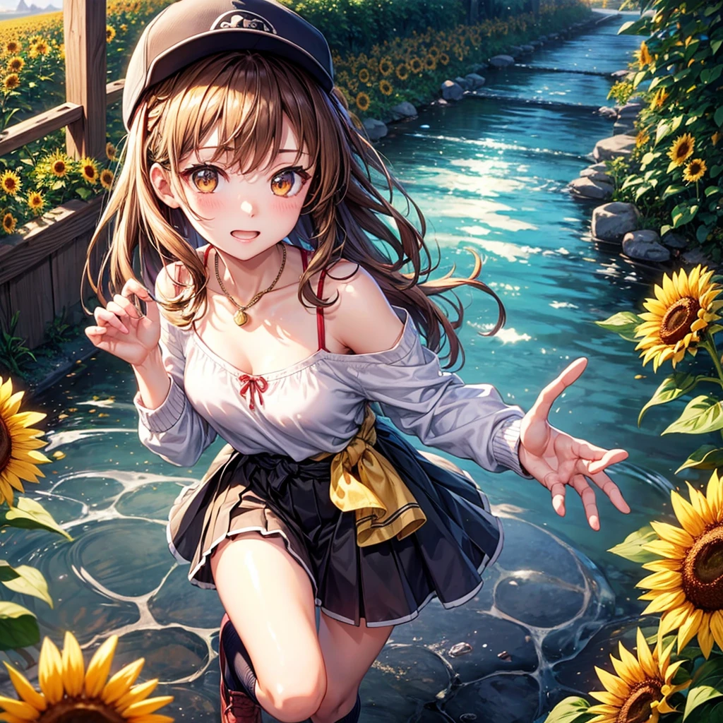 Red, brown, gold, gold hair、Golden Eyes、Hair tied up、One good looking girl、solo、anime、Checkered mini skirt、Ruffles on the skirt、camisole、camisole、Lightweight cardigan、Black knee-high socks、Wearing a baseball cap、Ribbon、Ribbon on waist、Teeth are visible、Sunset sky、Cumulonimbus、Silver coin necklace、shine、From above、Sparks are flying、tunnel、Cobblestones、Hands in pockets、waterfall、Clear Stream、Sunflower field、Have sunflowers、Midnight Moon