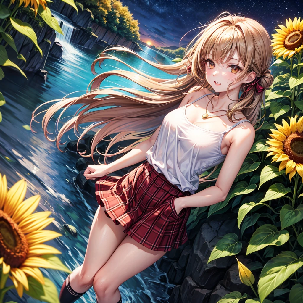 Red, brown, gold, gold hair、Golden Eyes、Hair tied up、One good looking girl、solo、anime、Checkered mini skirt、Ruffles on the skirt、camisole、camisole、Lightweight cardigan、Black knee-high socks、Wearing a baseball cap、Ribbon、Ribbon on waist、Teeth are visible、Sunset sky、Cumulonimbus、Silver coin necklace、shine、From above、Sparks are flying、tunnel、Cobblestones、Hands in pockets、waterfall、Clear Stream、Sunflower field、Have sunflowers、Midnight Moon
