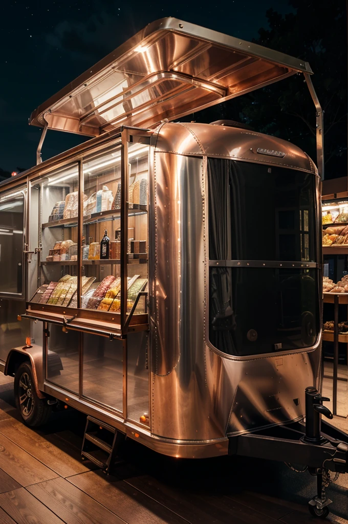 Airstream trailer luxury futuristic copper capsule supermarket shop with glass shelves display screen modern bronze front equipment really trailer 8k 3d night view background, canopy, chairs and tables front off trailer on wooden floor, The show is a real scene