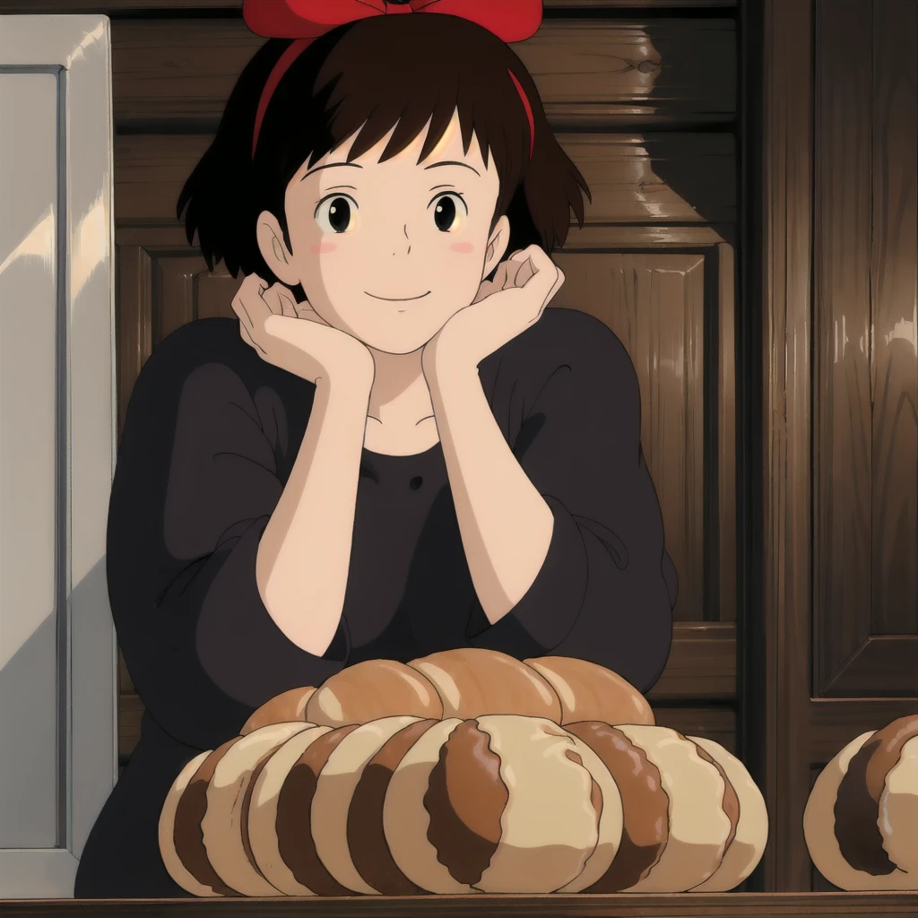 Kiki,1girl,short hair,brown hair,black eyes,hair bow,
looking at viewer,black dress,upper body,closed mouth,smile,head rest,indoors,bakery,bread,food,sitting,counter,table,chair,solo,parody,