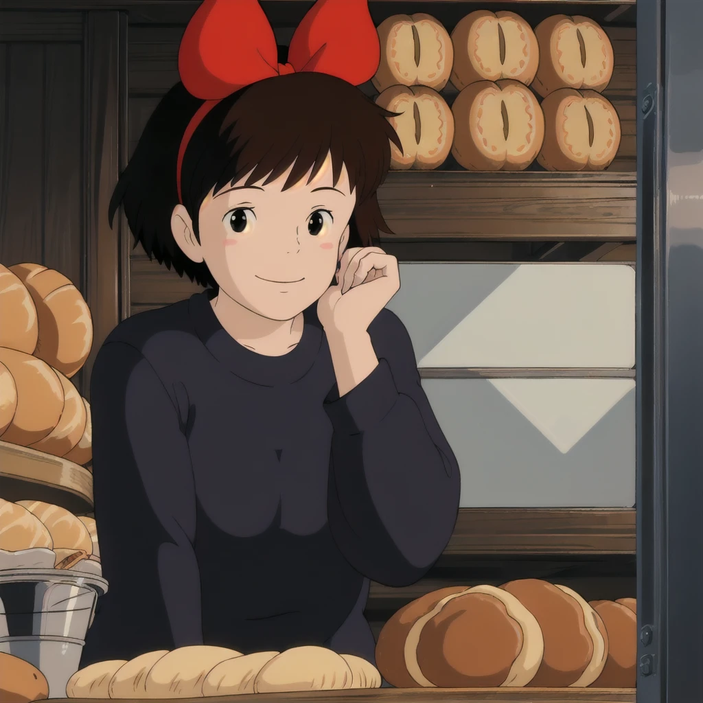 Kiki,1girl,short hair,brown hair,black eyes,hair bow,
looking at viewer,black dress,upper body,closed mouth,smile,head rest,indoors,bakery,bread,food,sitting,counter,table,chair,solo,parody,