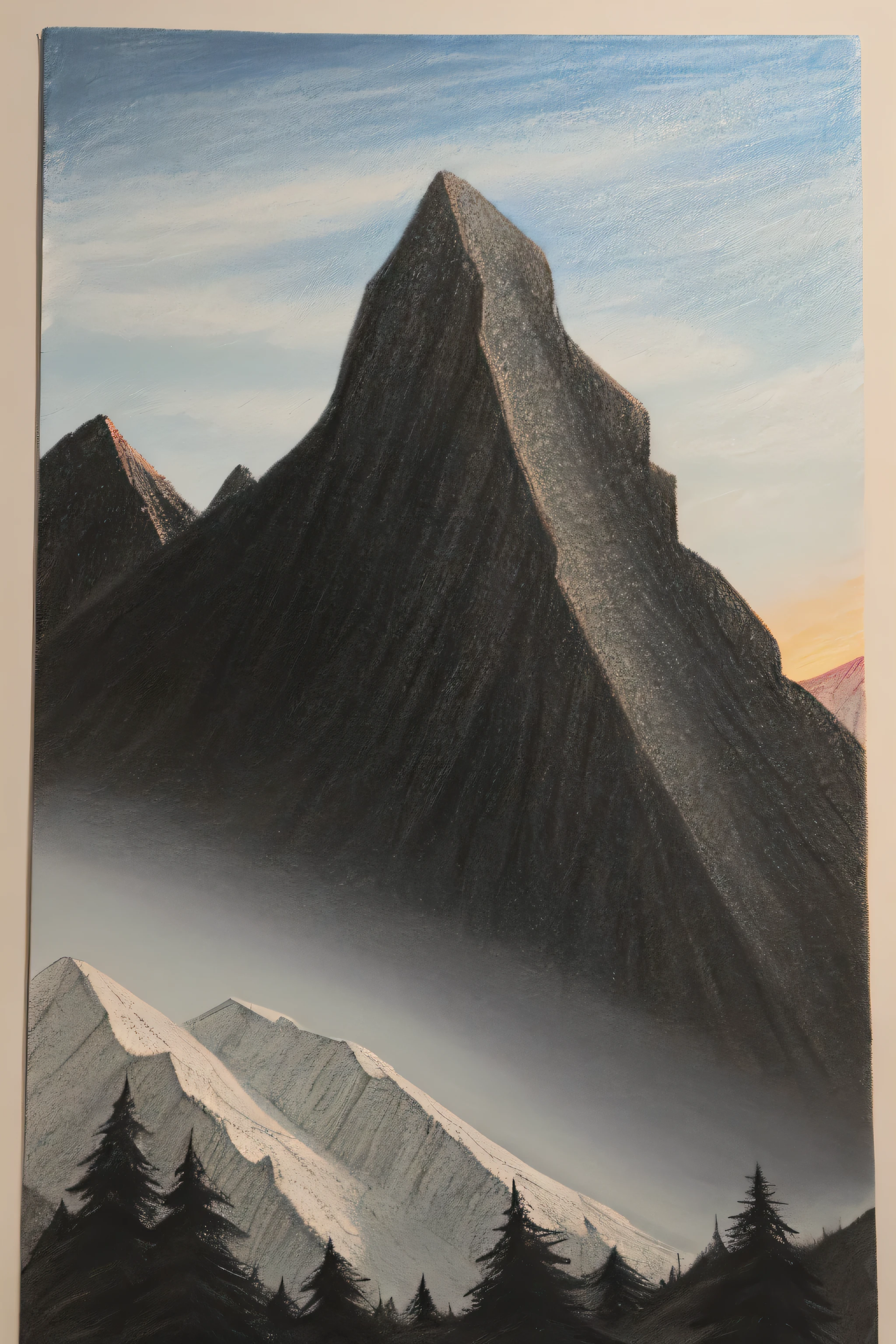 A painting of a mountain peak during sunset, charcoal painting, charcoal marks, unfinished painting, errors, mistakes, no pixels, paper background, pencil drawing, illustration