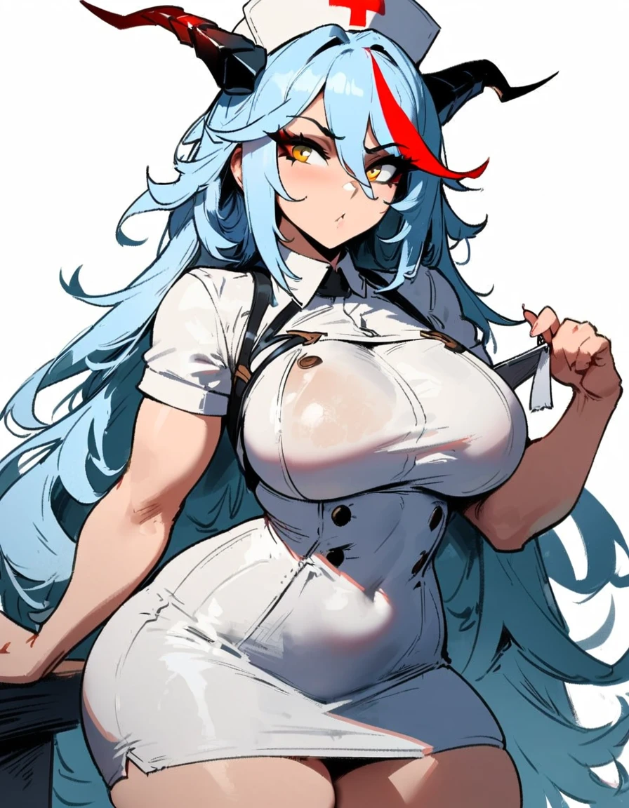 1girl, aegir \(azur lane\), azur lane \\\\\ masterpiece, best quality, very aesthetic, absurdres, newest \\\\\\ sportive body,  \\\\\\ by nyantcha,,by cutesexyrobutts,by khyle ///// white hair with a single prominent red streak, black horns, yellow eyes,  , white (nurse outfit:1.2), skirt, , white pencil skirt, nurse cap, , , a red cross on the cap, standing, (white background:1.2)