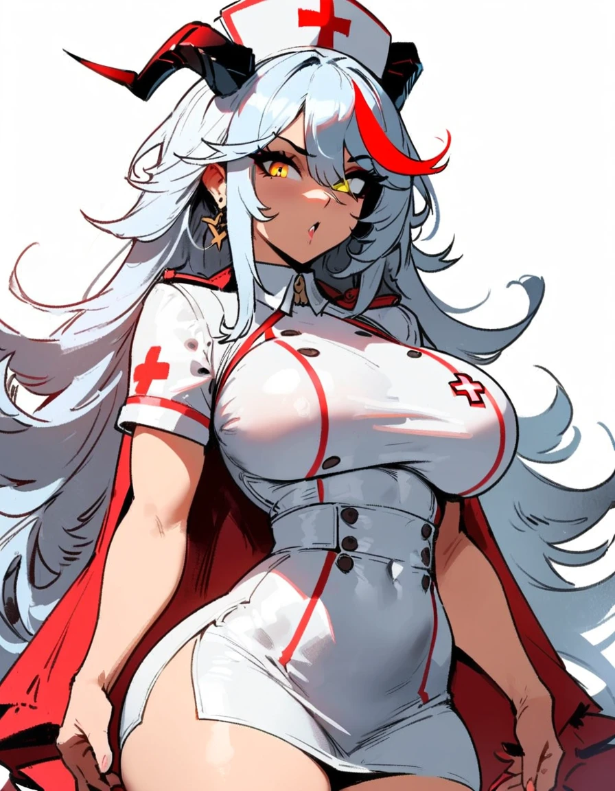 1girl, aegir \(azur lane\), azur lane \\\\\ masterpiece, best quality, very aesthetic, absurdres, newest \\\\\\ sportive body,  \\\\\\ by nyantcha,,by cutesexyrobutts,by khyle ///// white hair with a single prominent red streak, black horns, yellow eyes,  , white (nurse outfit:1.2), skirt, , white pencil skirt, nurse cap, , , a red cross on the cap, standing, (white background:1.2)