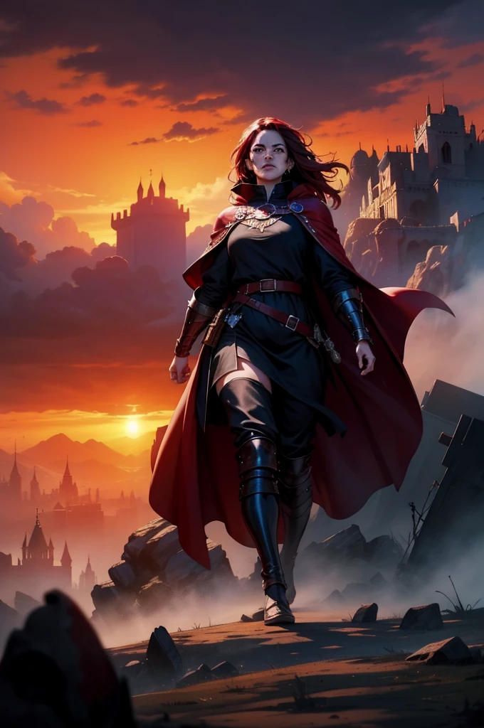 Two warrior characters, dusk, 8K, magnificent, mighty, magie, Cloaks, bloodstains, medieval city, dramatic scene, Colors of Gothic armor black and red, sky with many clouds, Magnificent, Tunic, magie, huge floating red cape, a floating woman