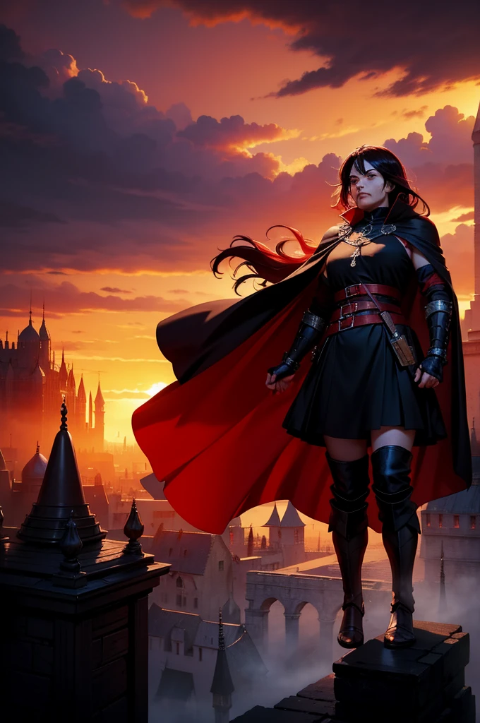 Two warrior characters, dusk, 8K, magnificent, mighty, magie, Cloaks, bloodstains, medieval city, dramatic scene, Colors of Gothic armor black and red, sky with many clouds, Magnificent, Tunic, magie, huge floating red cape, a floating woman