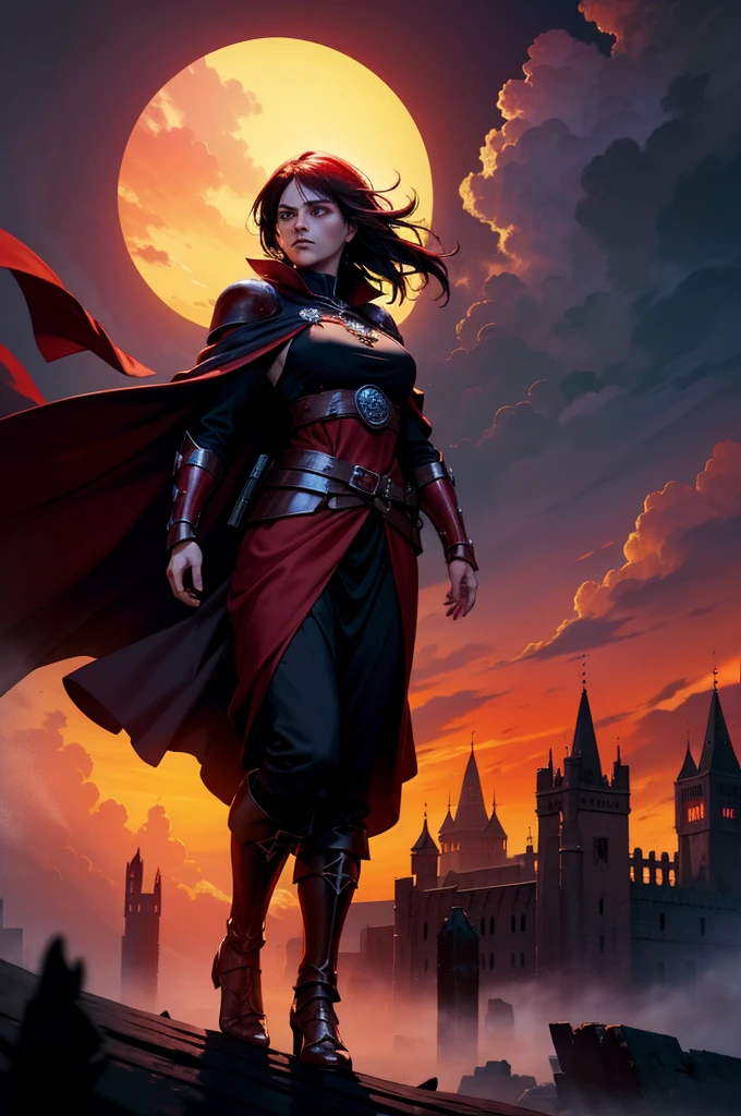Two warrior characters, dusk, 8K, magnificent, mighty, magie, Cloaks, bloodstains, medieval city, dramatic scene, Colors of Gothic armor black and red, sky with many clouds, Magnificent, Tunic, magie, huge floating red cape, a floating woman