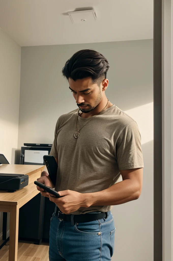 A man in a room with watching his phone notification