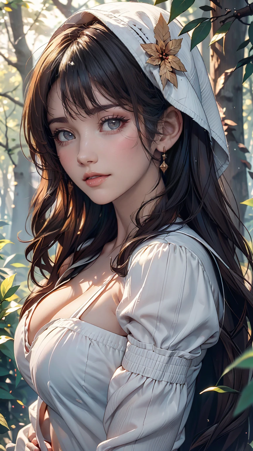 Portraiture, high quality, Ukrainian fairy winter snow in the forest through the trees About 10 years old, blue eyes, Smooth Skin, ((最high quality, 8K, masterpiece :1.3)), One girl, pretty girl , Casual clothing :1.2, in the forest, Highly detailed face, Fine grain, Double eyelids, 24-year-old Caucasian woman、Sexy proportions、Sexy、Breasts protruding forward(Rocket Boobs)、