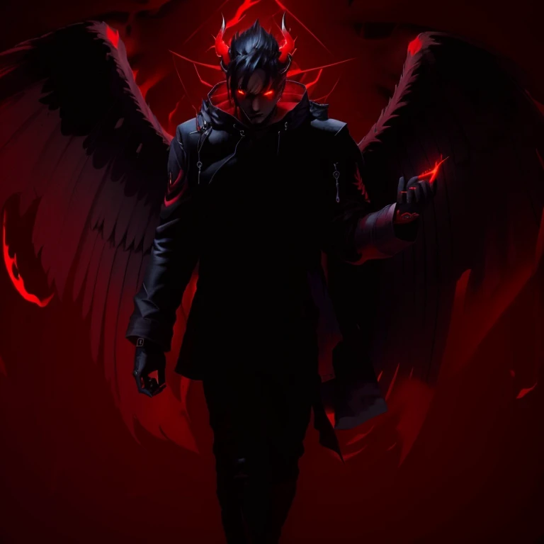 demon with red eyes and wings in a dark room, with red glowing eyes, badass anime 8 k, with glowing red eyes, omen from valorant, with hellish devil wings, the angel of death, with red eyes, 4k anime wallpaper, anime wallpaper 4k, anime wallpaper 4 k, with burning red eyes, anime wallaper, anime style 4 k