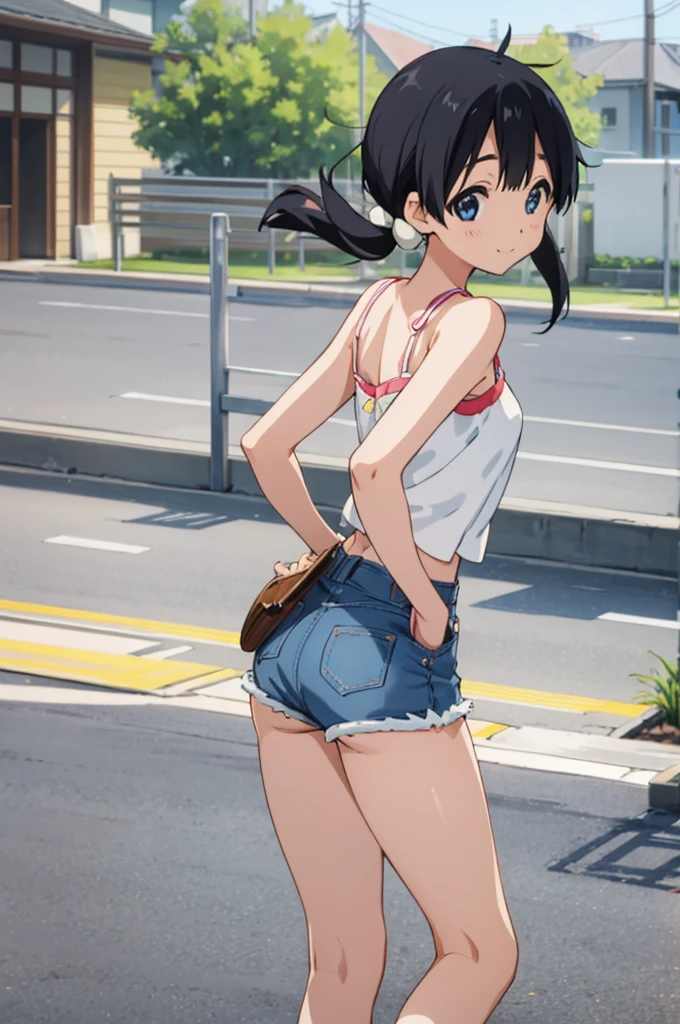  solo, 1girl, tamako kitashirakawa, , looking at viewer, smile, ,,outdoor,socks,camisole,denim shorts,((ass)),from back,(cute hip,sexy hip)