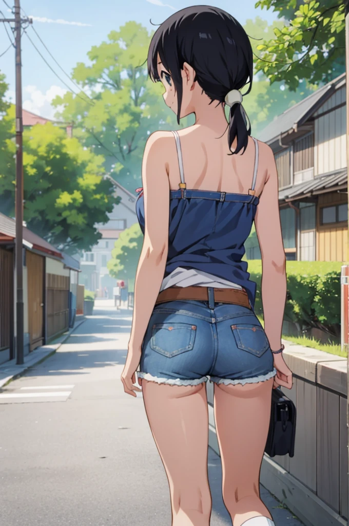  solo, 1girl, tamako kitashirakawa, , looking at viewer, smile, ,,outdoor,socks,camisole,denim shorts,((ass)),from back,(cute hip,sexy hip)