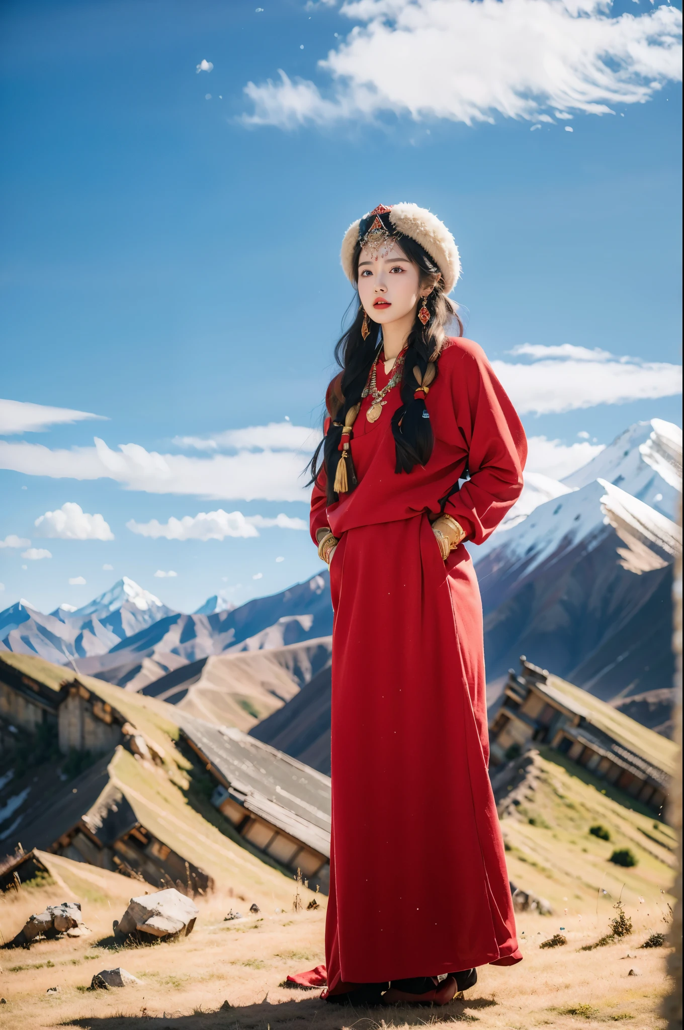 (masterpiece, best quality:1.2),red Tibetan clothing,1 Tibetan girl, blue sky, cloud, cloudy sky, day, earrings,Plush hat, horizon,Tibetan Earrings,jewelry,necklace, lips,snow mountain, outdoors, parted lips, red lips, solo,flat chest,upper body,standing,arms behind back