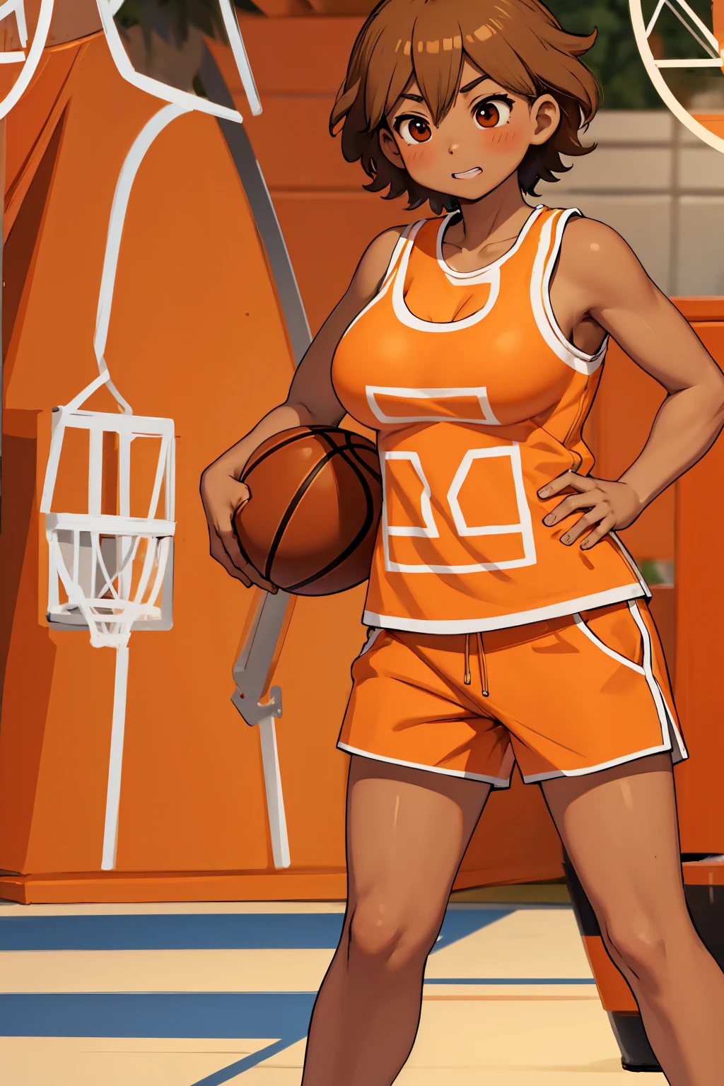 tanned, tan skin, At, orange tank top, orange shorts Blushing Super huge big breasts breast enlargement A man sitting alone on the basketball court looking at the camera and smiling full-body shot illustration, ultra-detailed, HDR, vibrant colors, soft lighting Cally3d