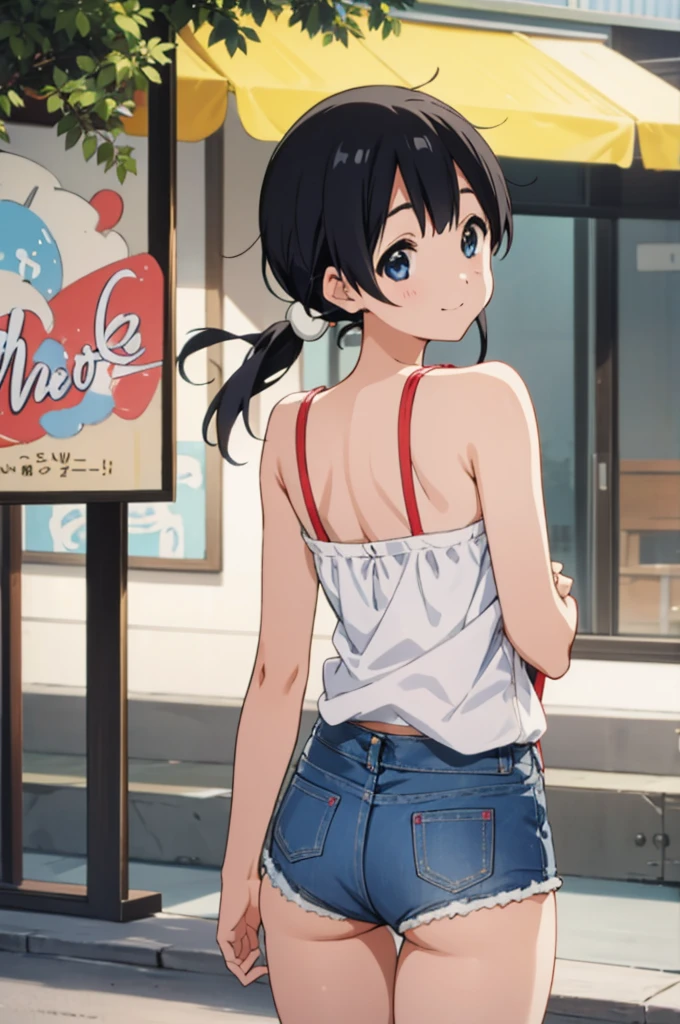  solo, 1girl, tamako kitashirakawa, , looking at viewer, smile, ,,outdoor,,camisole,denim shorts,ass,from back,(nsfw:1.2)