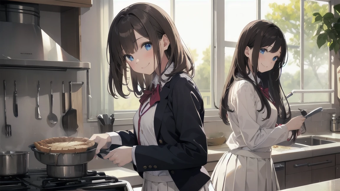 In one girl、fun、High school blazer with popular design、white shirt、pleated skirt、white skirt、(small breasts, brown hair,school ,blue eyes, de pie, smiling, lazo color rojo, kitchen, clase cocina, cocinando