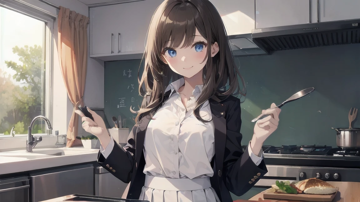 In one girl、fun、High school blazer with popular design、white shirt、pleated skirt、white skirt、(small breasts, brown hair,school ,blue eyes, de pie, smiling, lazo color rojo, kitchen, clase cocina, cocinando