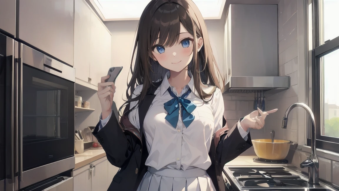 In one girl、fun、High school blazer with popular design、white shirt、pleated skirt、white skirt、（small breasts, brown hair,school ,blue eyes, de pie, smiling, lazo color rojo, kitchen, clase cocina, cocinando