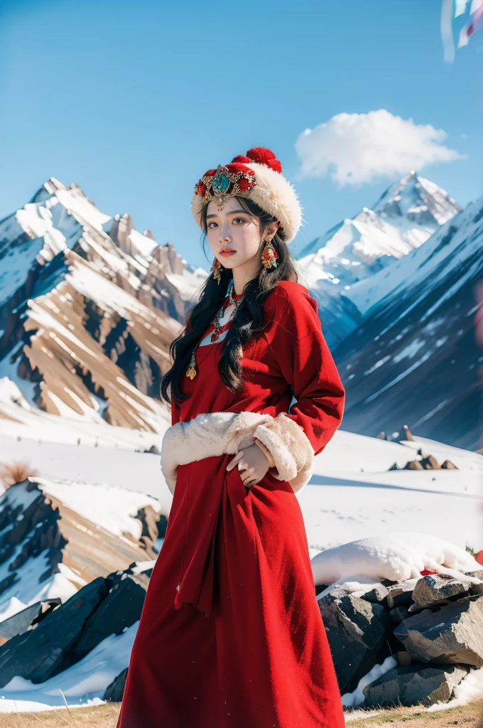 (masterpiece, best quality:1.2),red Tibetan clothing,1 Tibetan girl, blue sky, cloud, cloudy sky, day, earrings,Plush hat, horizon,Tibetan Earrings,jewelry,necklace, lips,snow mountain, outdoors, parted lips, red lips, solo,flat chest,upper body,standing,arms behind back