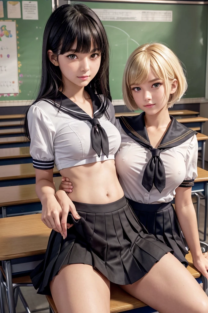nsfw,(Highly detailed CG,Unity,8K wallpapers are so delicate and beautiful),(masterpiece),(Highest quality:1.0),(超High resolution:1.0),Beautiful lighting,Realistic Shadows,[High resolution],Detailed skin,Ultra-detailed,Detailed face and eyes,Realistic eyes,Sharp pupils,In the classroom,School,Beautiful Face,Beautiful girl,Glowing Skin,Side Up,Beautiful black hair,Blunt bangs,Sailor suit,Pleated mini skirt,((Short sleeve)),Browsing Caution, ((Tabletop, Highest quality)), (Shiny skin),Highly detailed skin, Highly detailed face, Beautiful eyes in every detail,(((Two female students))),(((Honor Student and Yankee))),Large cleavage, (Sailor blouse,Lift up your pleated skirt yourself:1.3),avert your eyes,Drooling and flowing,(Spread your legs,Thigh focus),In the classroom,Man lying on floor,Shooting from below,Sailor blouseから胸が見える,(((抱きしめあうTwo female students))),((Blonde Short Hair)),((Long black hair)),
